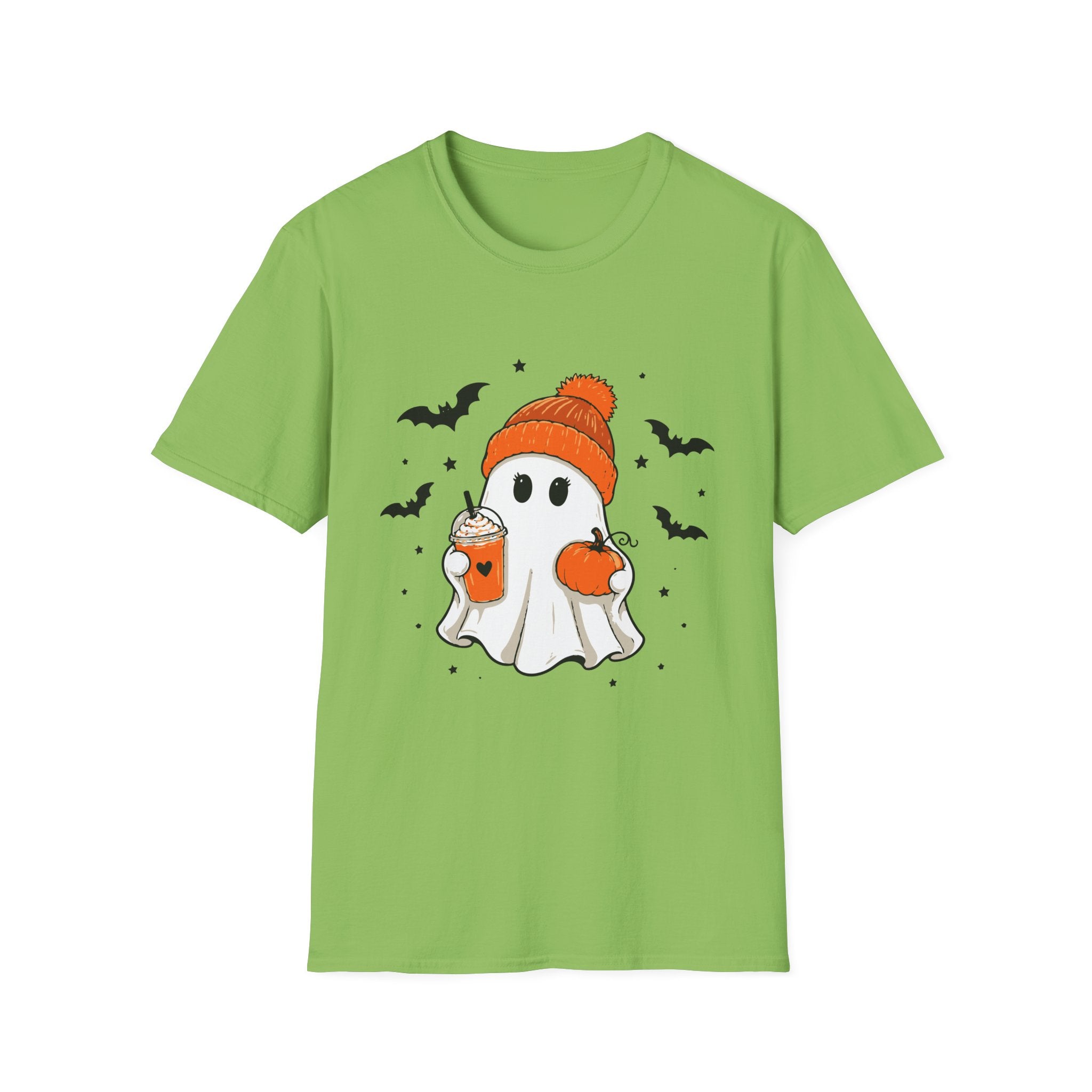 Ghost in a Beanie Halloween Tee — Cute Cozy Ghost with Pumpkin Drink