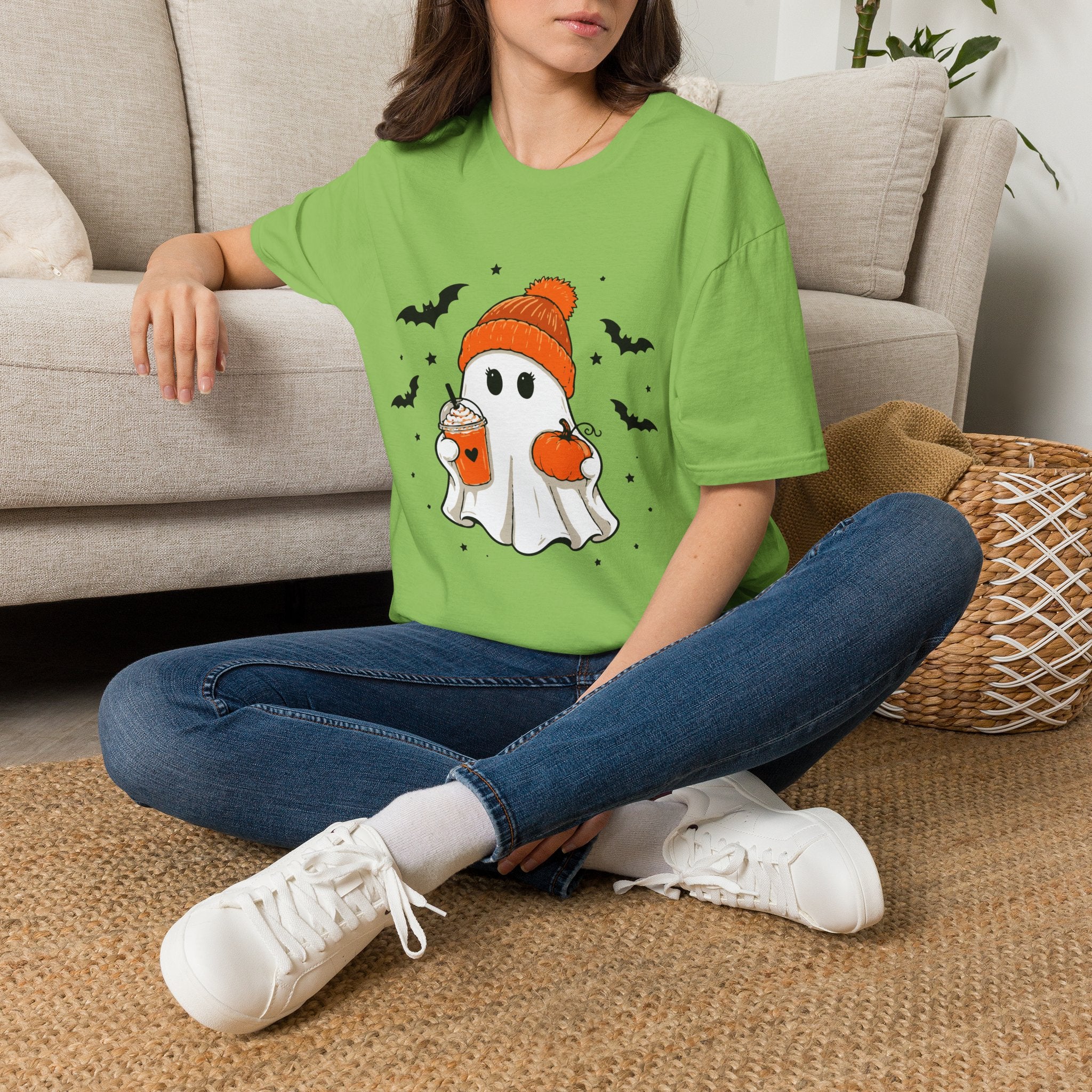 Ghost in a Beanie Halloween Tee — Cute Cozy Ghost with Pumpkin Drink