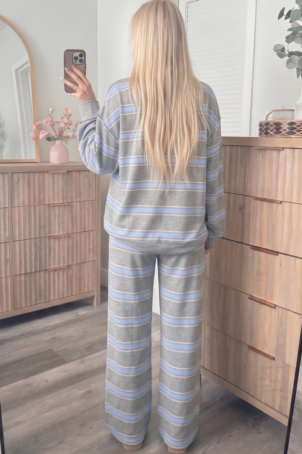 Striped Long Sleeve Pullover Top and Loose Pants Set