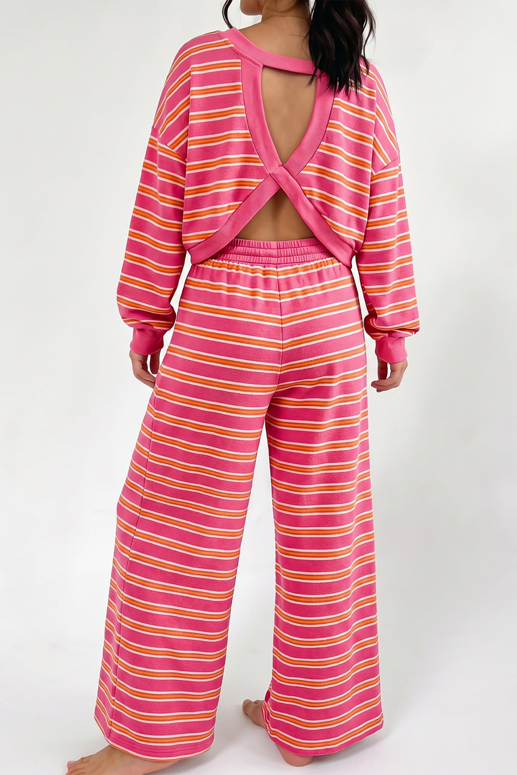 Stripe Cutout Long Sleeve and Wide Leg Pants