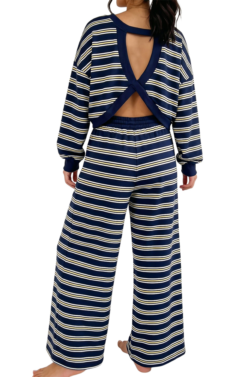 Stripe Cutout Long Sleeve and Wide Leg Pants
