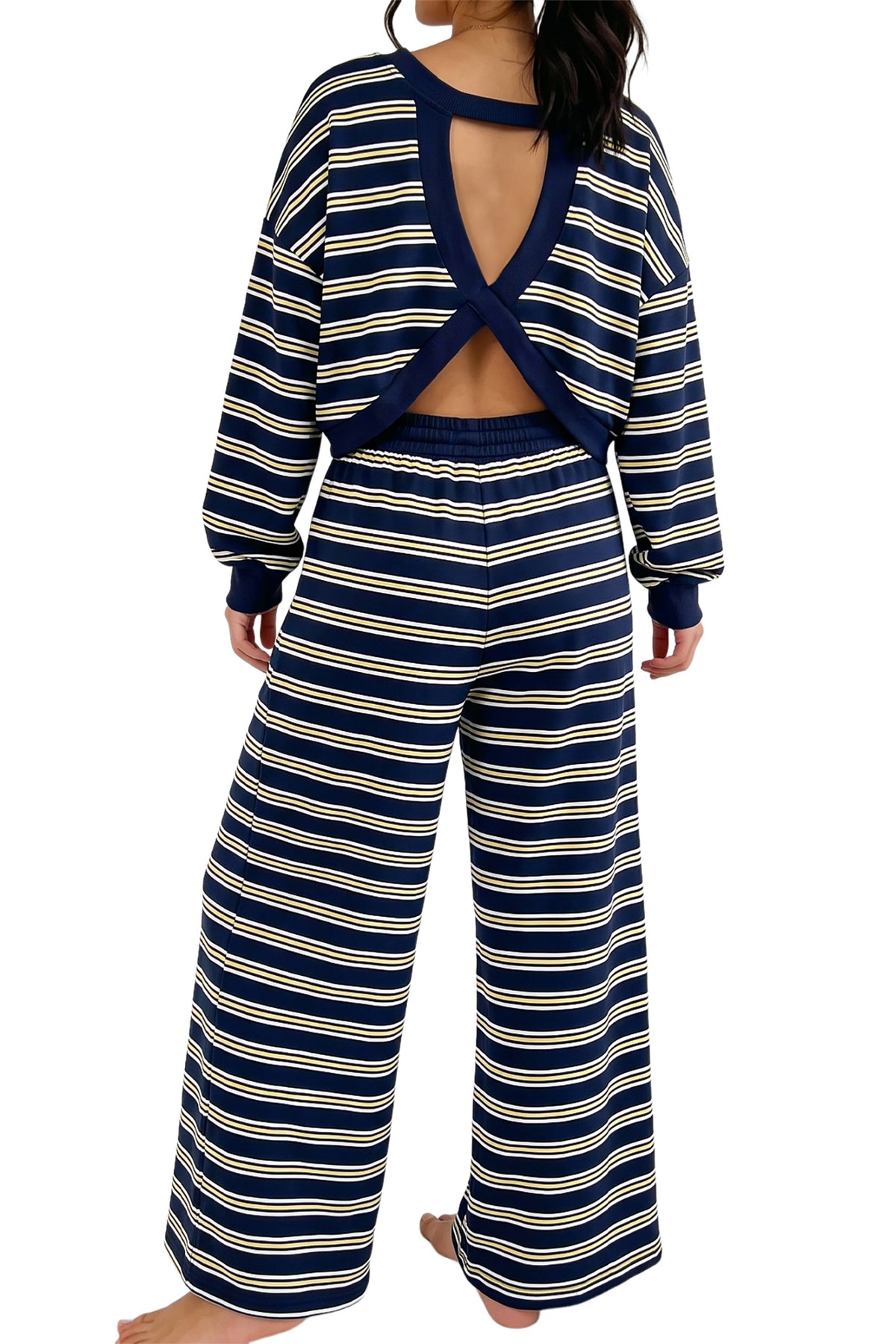 Stripe Cutout Long Sleeve and Wide Leg Pants