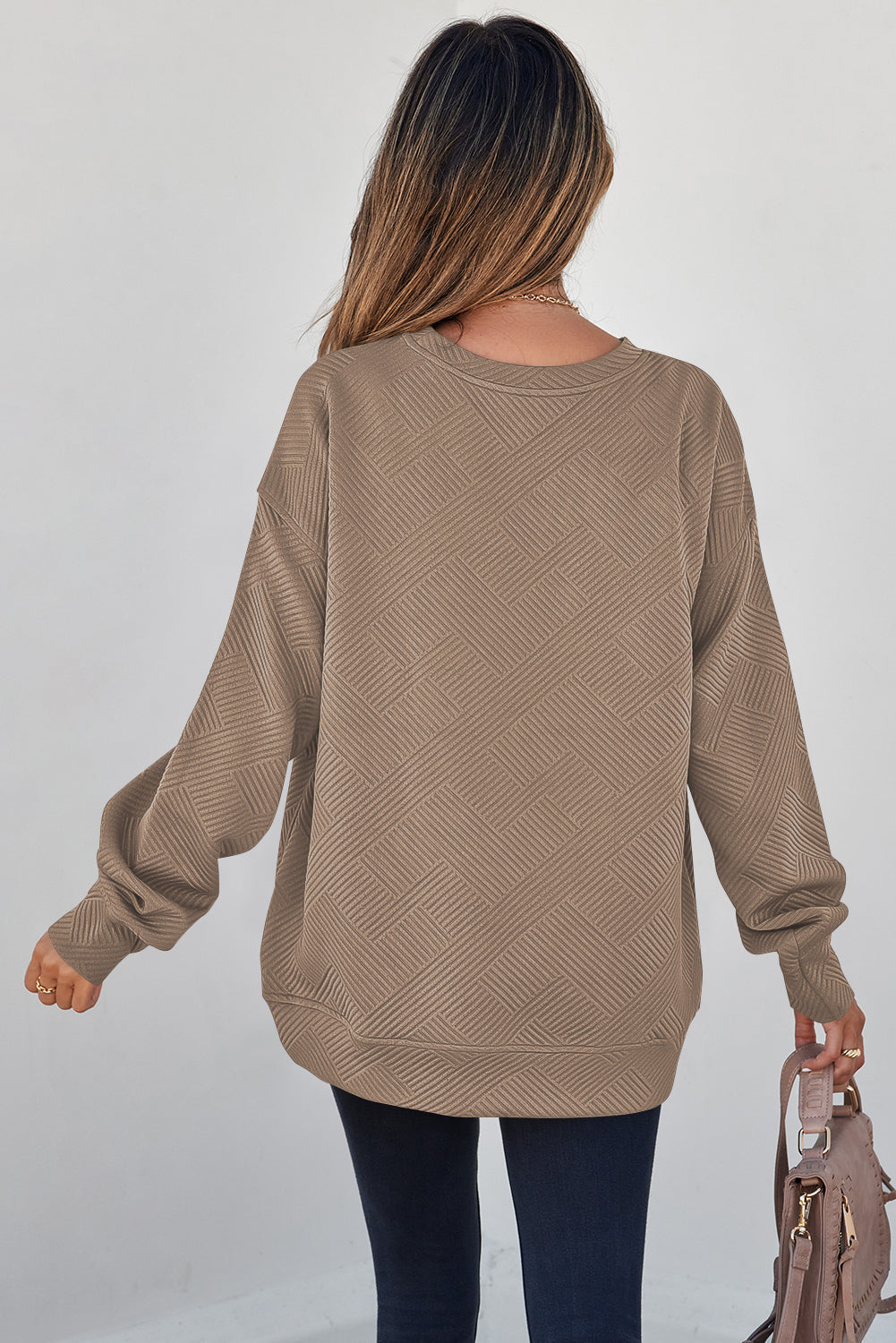 White Solid Color Textured Round Neck Drop Shoulder Pullover Sweatshirt