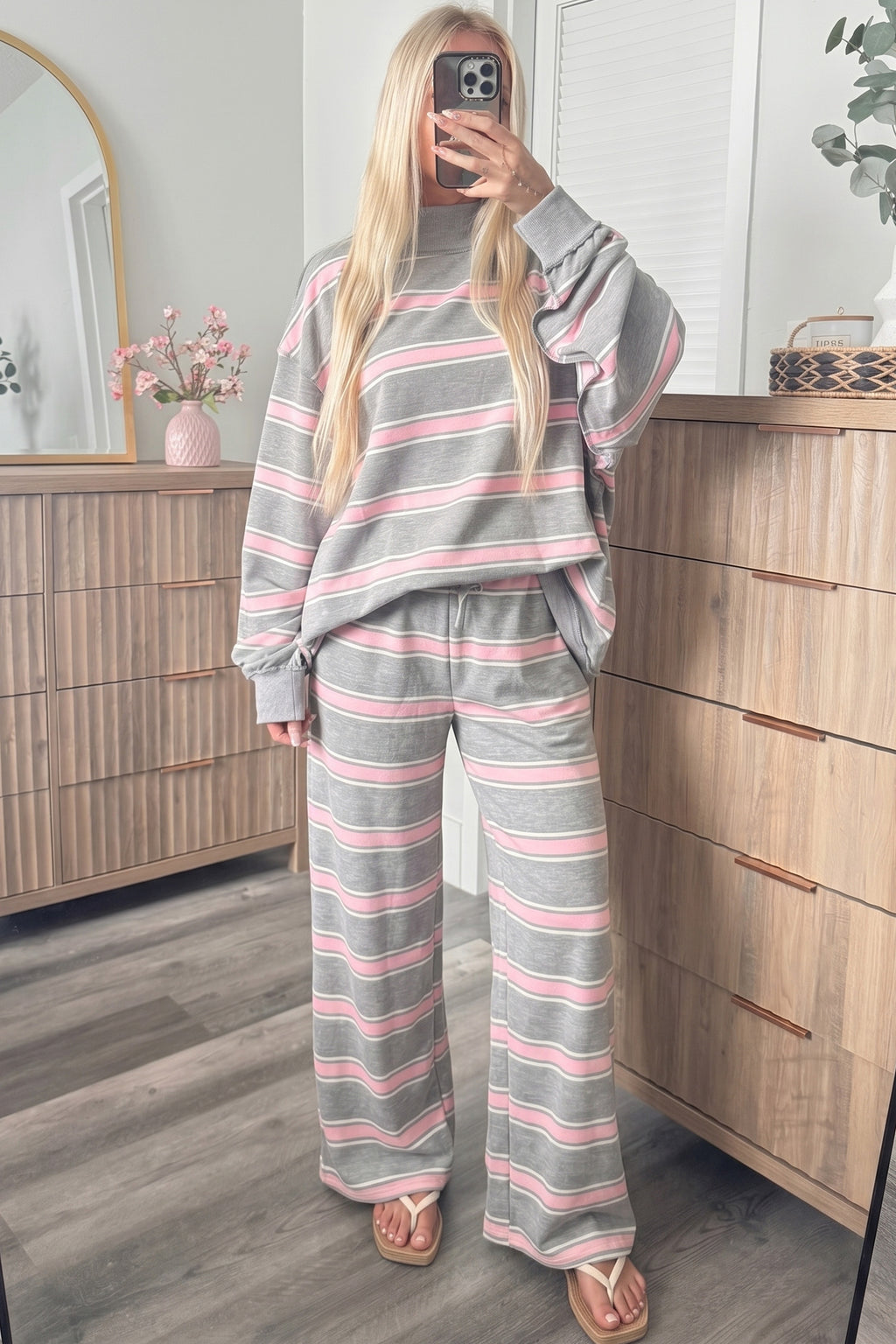 Striped Long Sleeve Pullover Top and Loose Pants Set