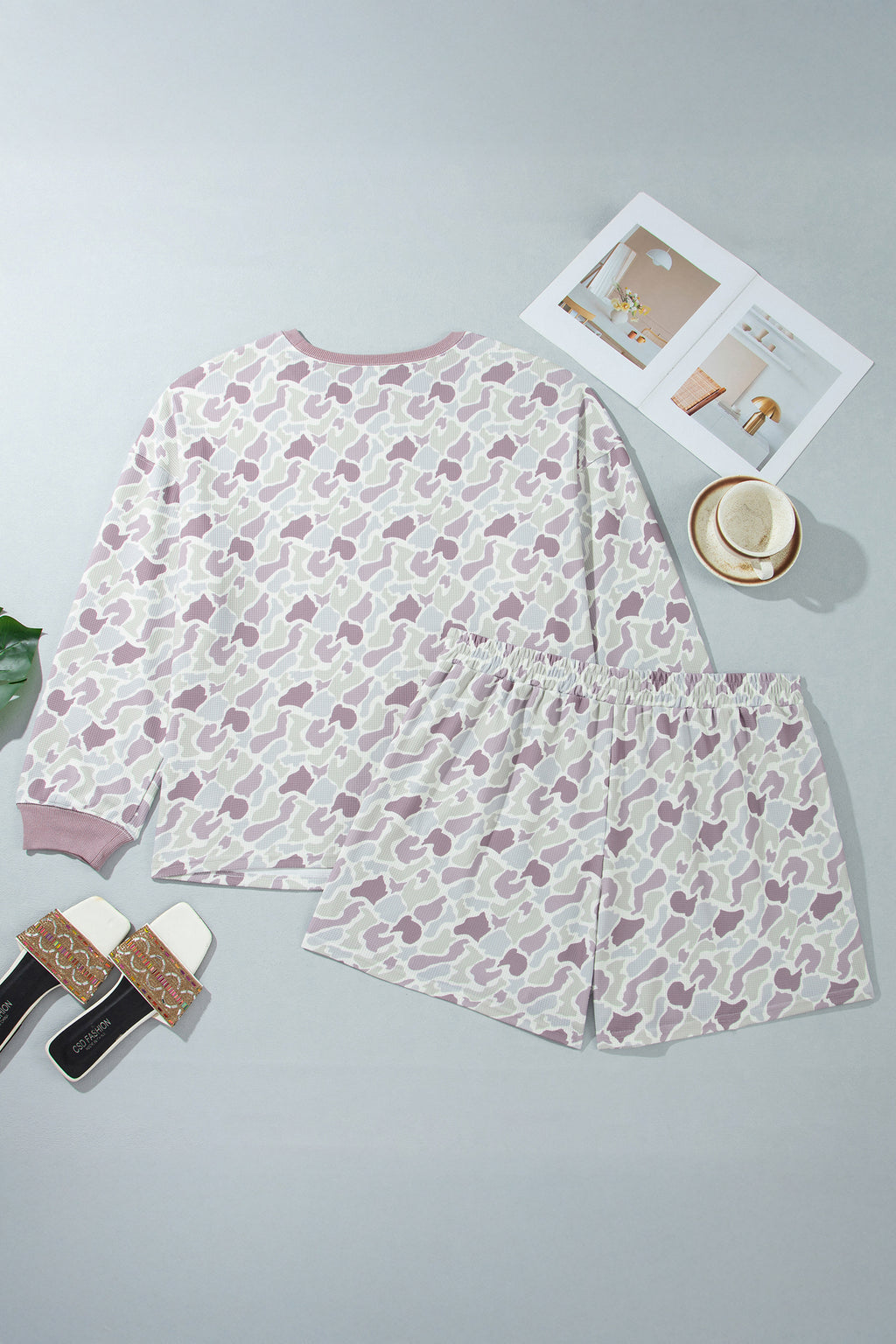 Green Camouflage Print Waffle Textured Pullover and Shorts Plus Size 2pcs Set