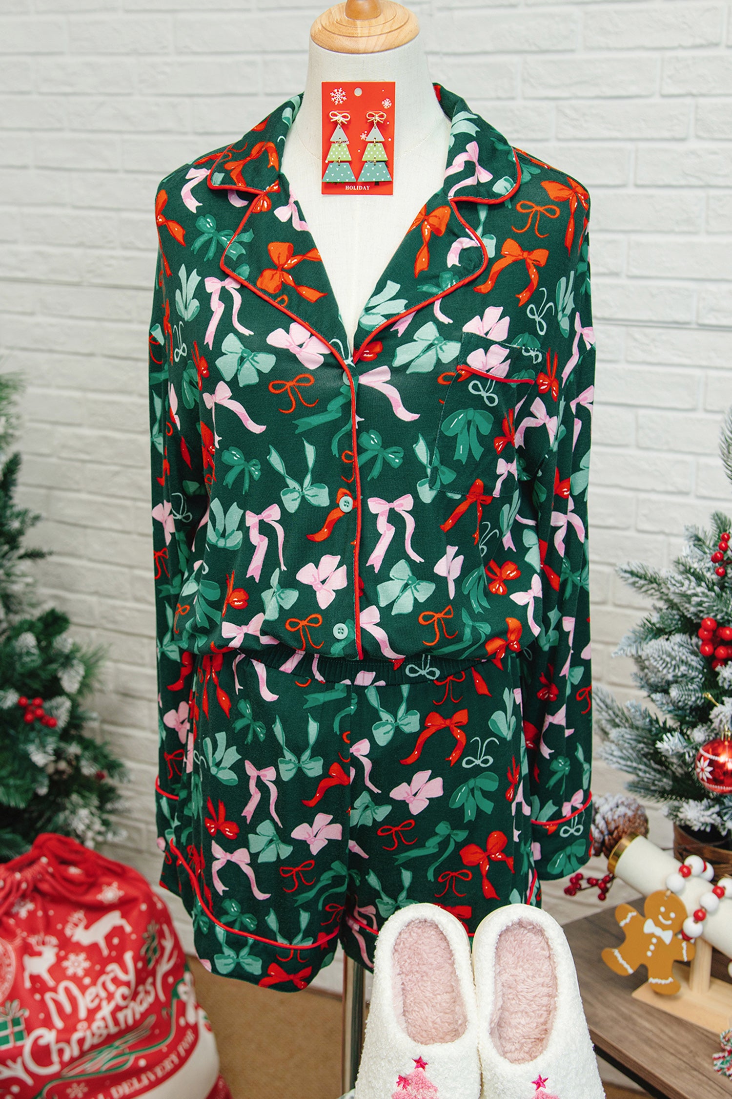 Green Bow Print Long Sleeve Pajama Set