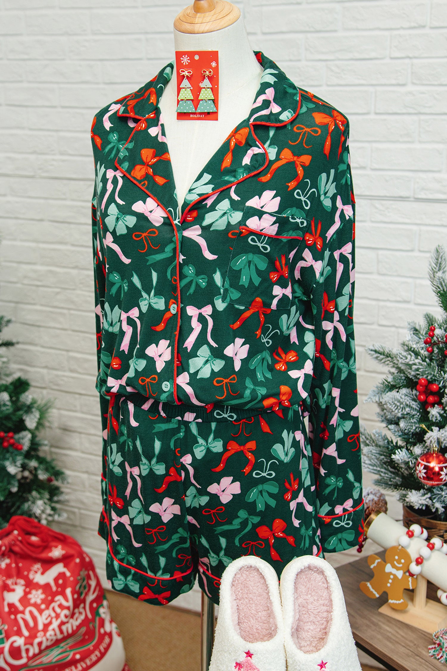 Green Bow Print Long Sleeve Pajama Set