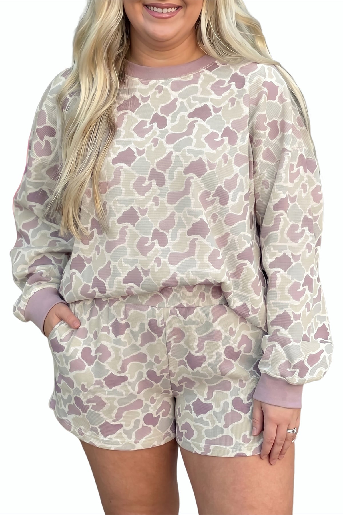 Green Camouflage Print Waffle Textured Pullover and Shorts Plus Size 2pcs Set